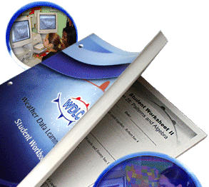 image of students using WDLC in a classroom and image of WDLC Student Workbook open to Patterns and Algebra